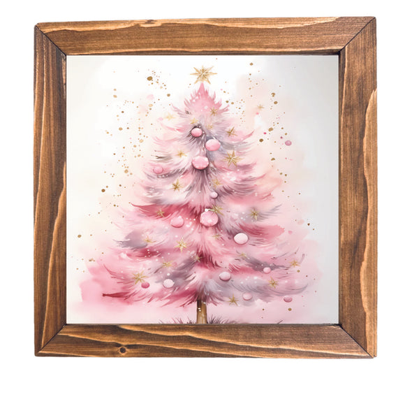 Pink Printed Christmas Tree Framed Sign