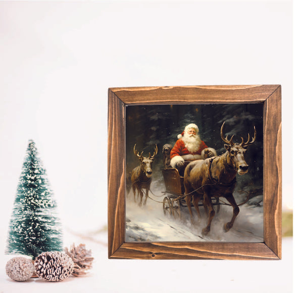 Santa with Reindeer Framed Christmas Sign