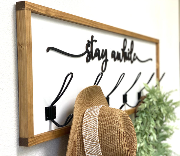 Stay Awhile Entryway/Mudroom Coat Hook with 3D Wood Cutout and Metal Hooks