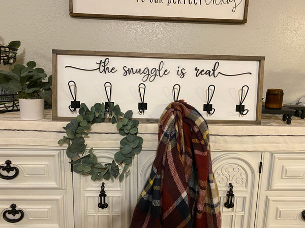 The Snuggle is Real Wall Mount Blanket Holder with 3D Wood Cutout