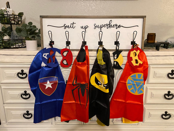 Suit Up SuperHero Kids Room Costume/Cape Wall Hook with 3D Wood Cutout