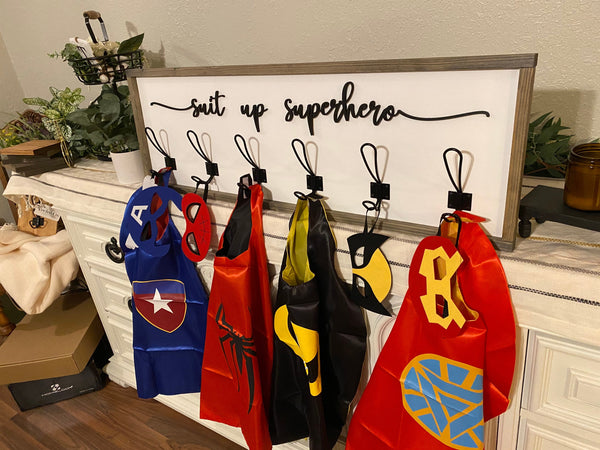 Suit Up SuperHero Kids Room Costume/Cape Wall Hook with 3D Wood Cutout