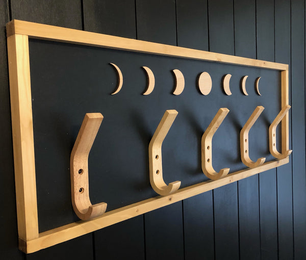 Moon Phase Celestial  Entryway Coat/Towel Hook with 3D Moon Phase Shapes and Solid Wood Hooks