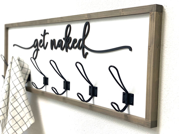 Get Naked Farmhouse Style Bathroom Towel/Robe Hook with Wood Cutout and Your Choice of Frame Color