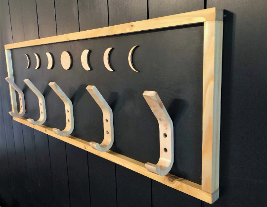 Moon Phase Celestial  Entryway Coat/Towel Hook with 3D Moon Phase Shapes and Solid Wood Hooks