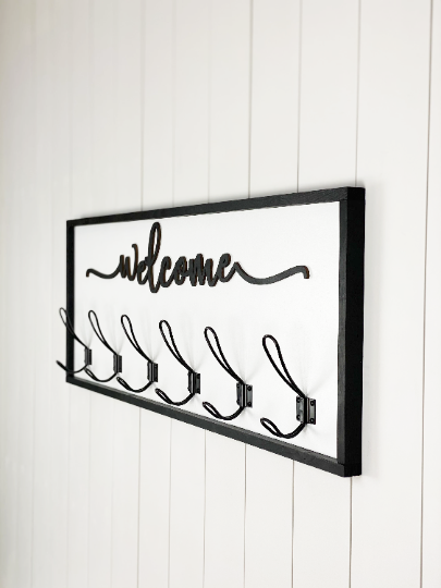 Welcome Coat Hook Entryway Organizer for Coats, Hats, Jackets with 3D Wood Cutout