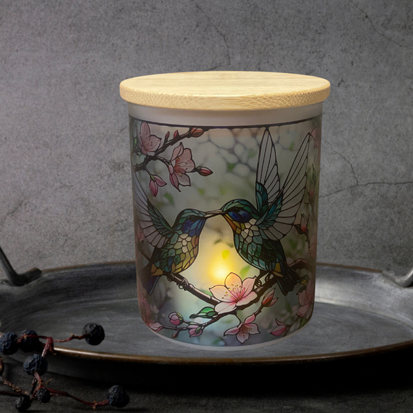 Humming Birds Full Wrap Stained Glass Candle Jar with Tea Light