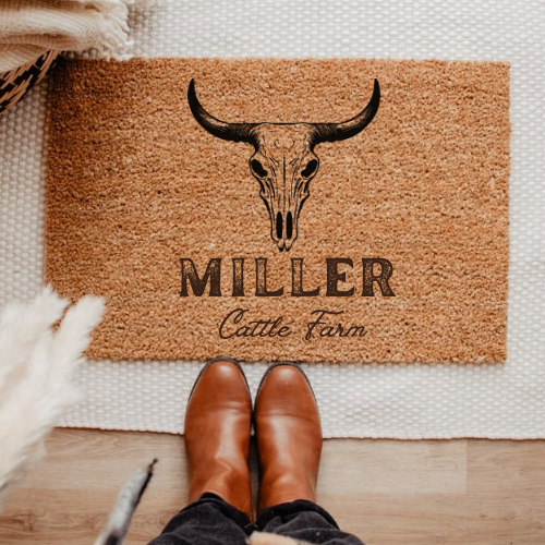 Personalized Door Mat with Cow Skull