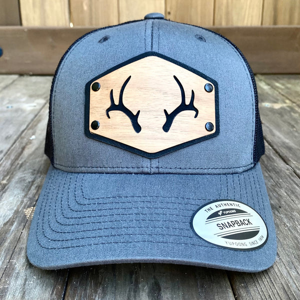 Deer Antler Dual Layer Hat patch with Walnut Veneer Yupong Snapback Trucker Hat