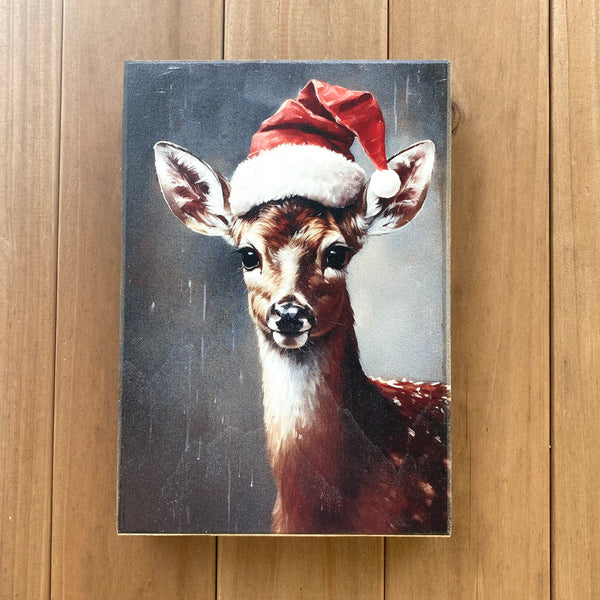 Deer Wearing Christmas Hat Wooden Box style sign