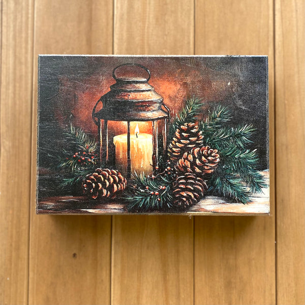 Lantern and Pine Cone Wooden Box style sign
