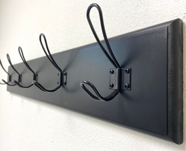 Modern Farmhouse style coat rack for entryway/mudroom - made from solid wood and metal hooks with 5.5" tall backboard