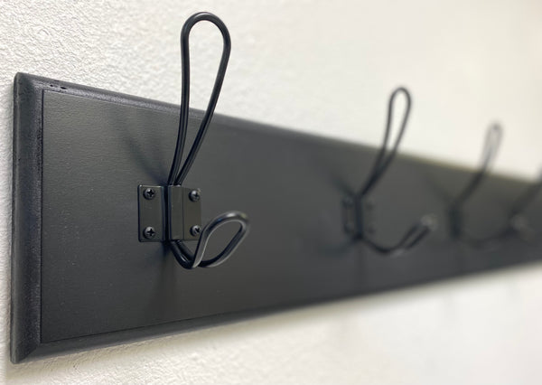 Modern Farmhouse style coat rack for entryway/mudroom - made from solid wood and metal hooks with 5.5" tall backboard