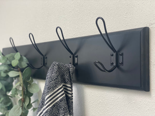 Modern Farmhouse style coat rack for entryway/mudroom - made from solid wood and metal hooks with 5.5" tall backboard