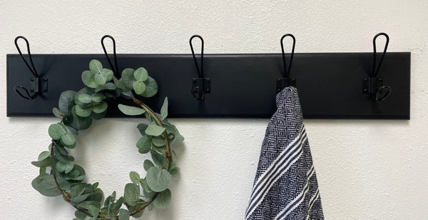 Modern Farmhouse style coat rack for entryway/mudroom - made from solid wood and metal hooks with 5.5" tall backboard