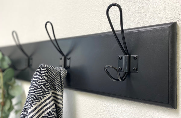 Modern Farmhouse style coat rack for entryway/mudroom - made from solid wood and metal hooks with 5.5" tall backboard